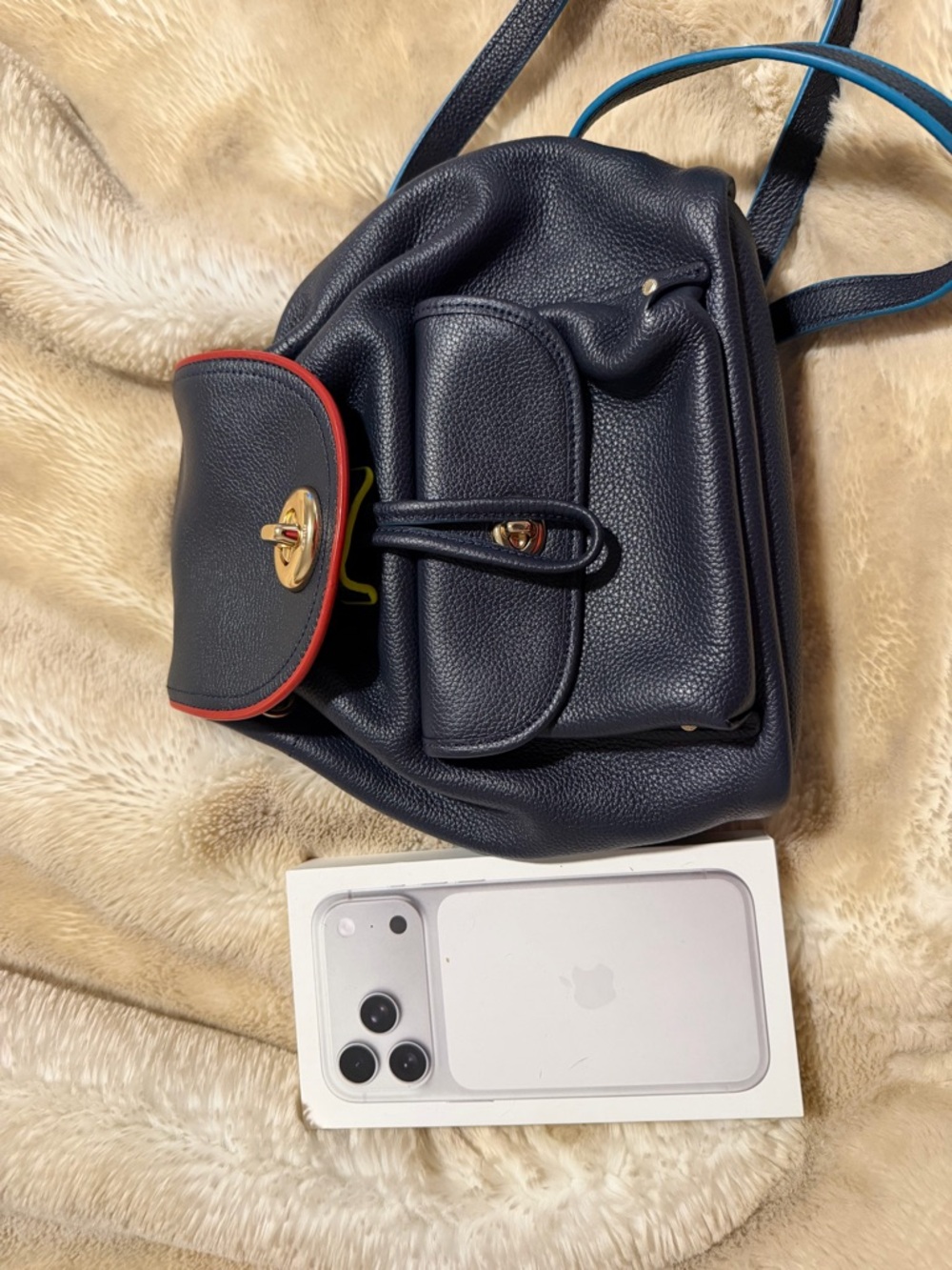 Navy Leather Mini Backpack with Red Trim - Picture 6 of 6